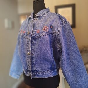Vintage Embroidered Southwestern Cropped Denim Jacket Sz Medium